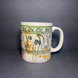 Rare Guray Signed Multicolor Pottery Art Ceramic Greecian Antelope 8oz Mug Cup